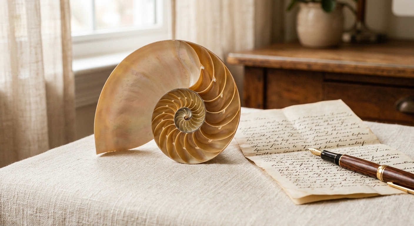 A nautilus shell beside a handwritten letter and a fountain pen